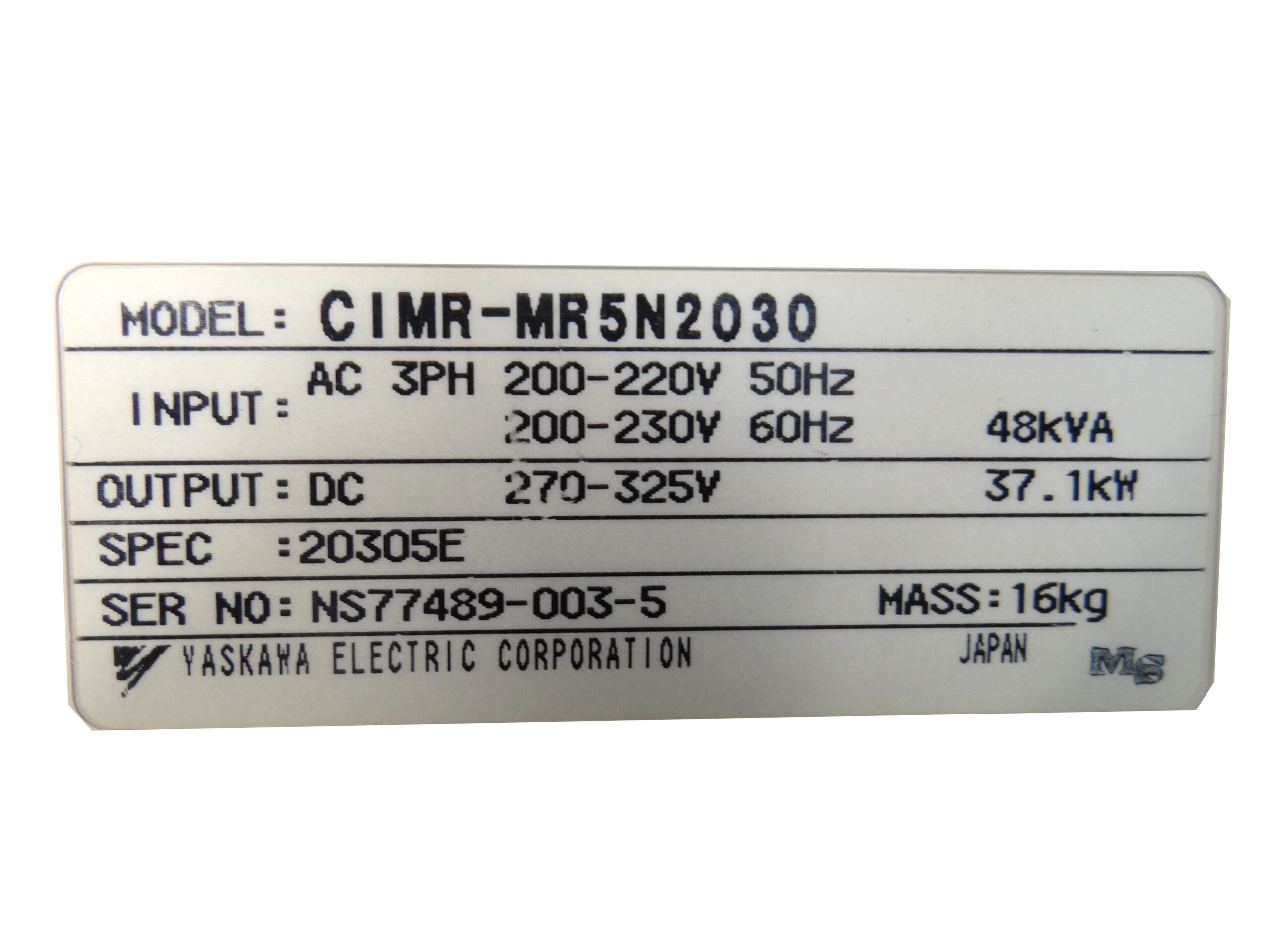 Yaskawa Converter VS-656 MR5 CIMR-MR5N2030 Spec. 20305E Typenschild