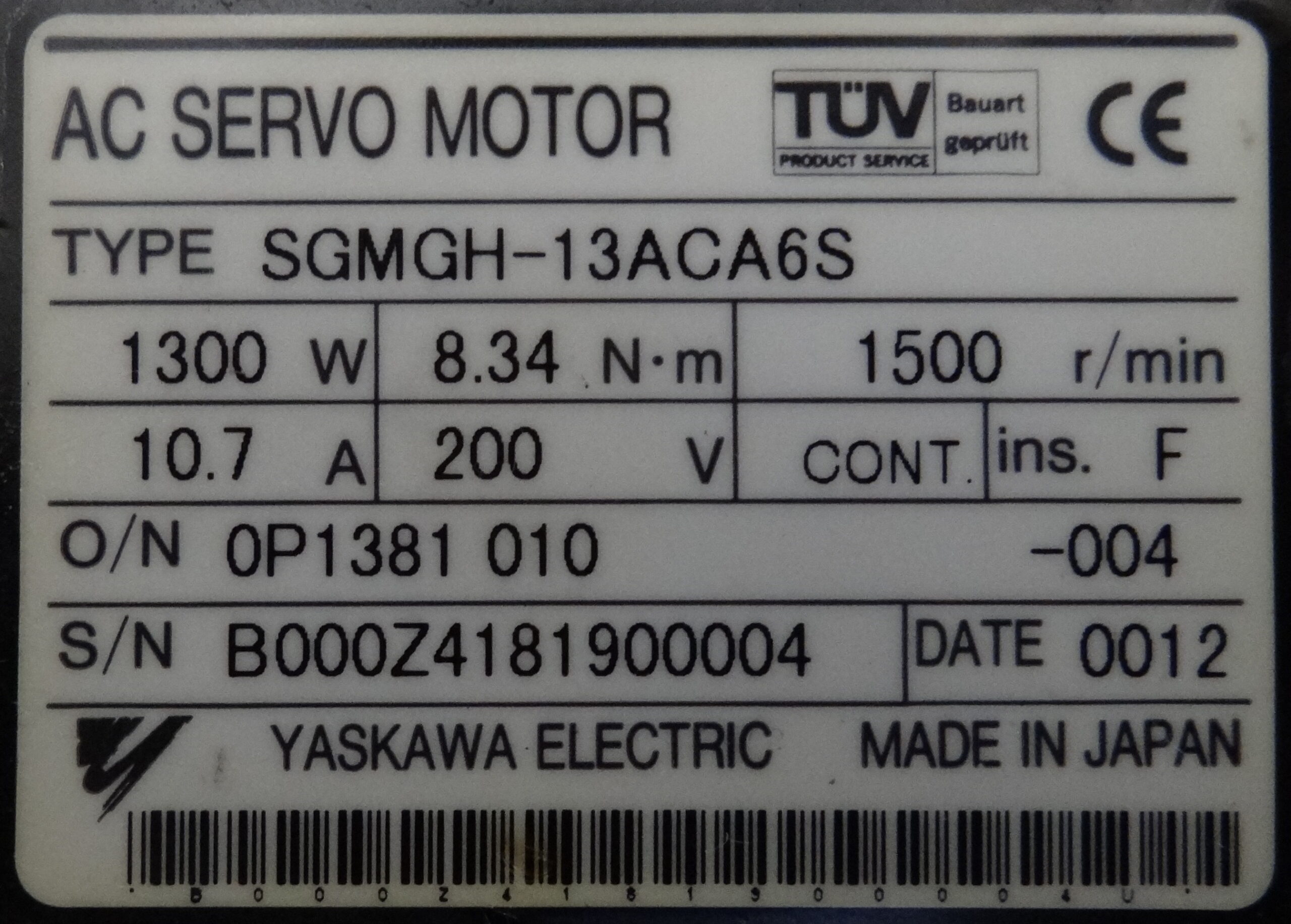 Yaskawa SGMGH-13ACA6S AC Servo Motor schild 2