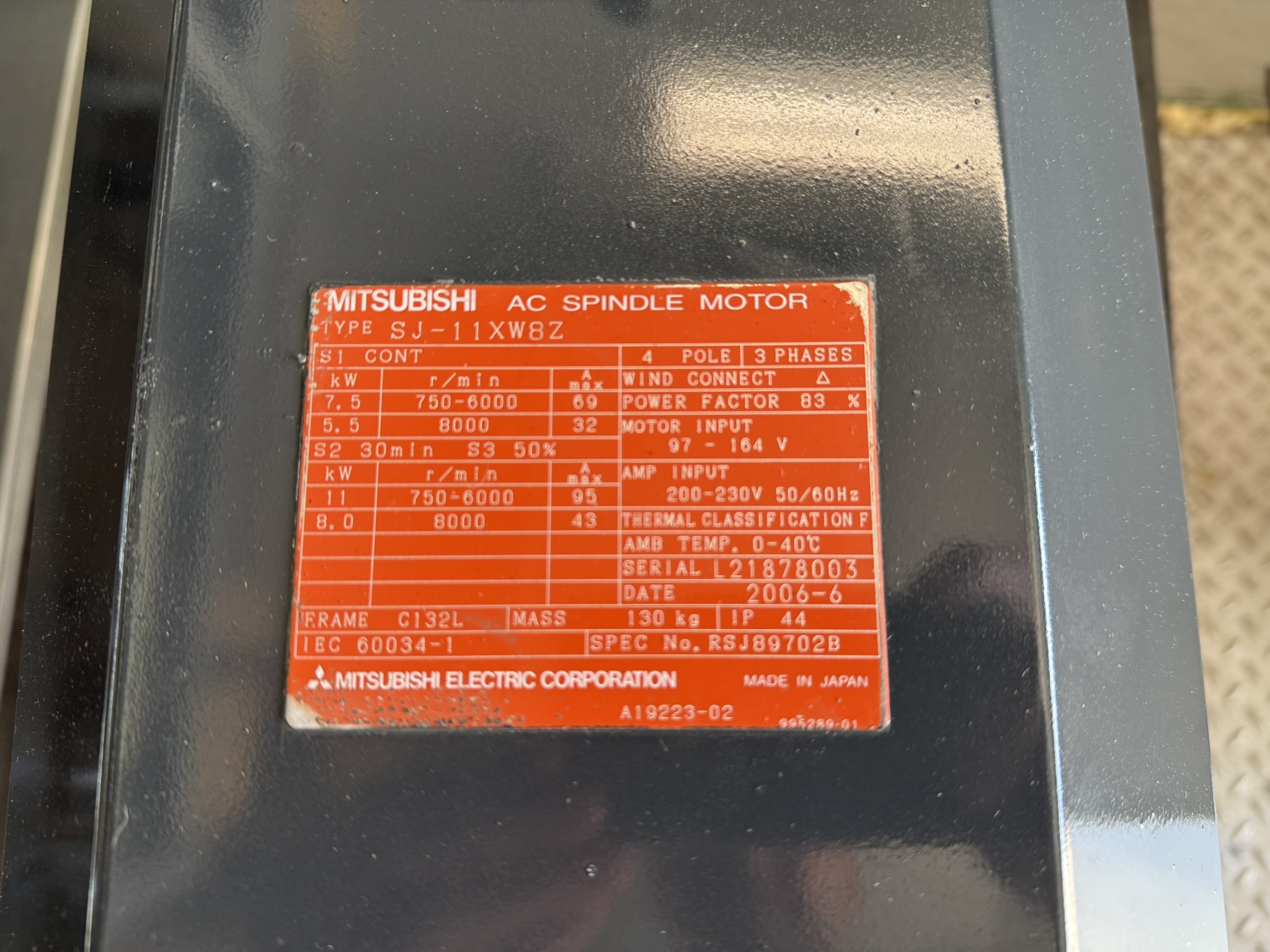 Mitsubishi AC Spindle Motor SJ-11XW8Z Typenschild