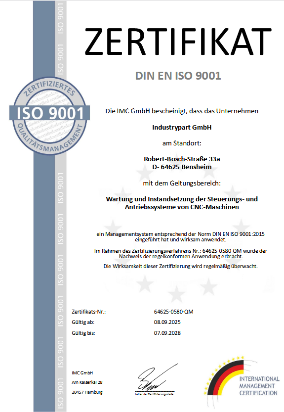Industrypart GmbH Zertifikat DIN EN ISO 9001-2015