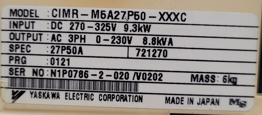 Yaskawa CIMR-M5A27P50 und CIMR-MR5N27P5 Inventer Converter Typenschild 1