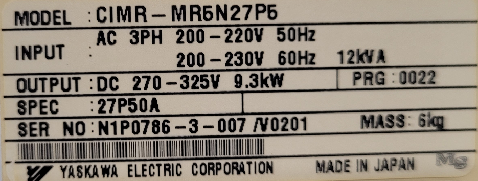Yaskawa CIMR-M5A27P50 und CIMR-MR5N27P5 Inventer Converter Typenschild 2