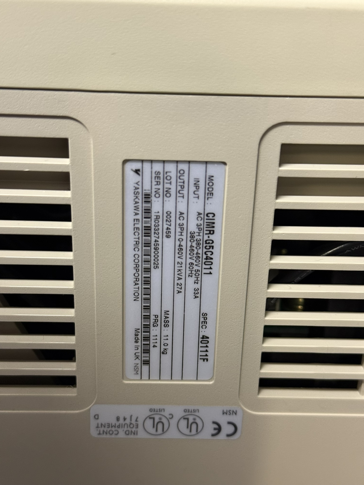 Yaskawa CIMR-G5C4011 Varispeed 6161G5 Typenschild