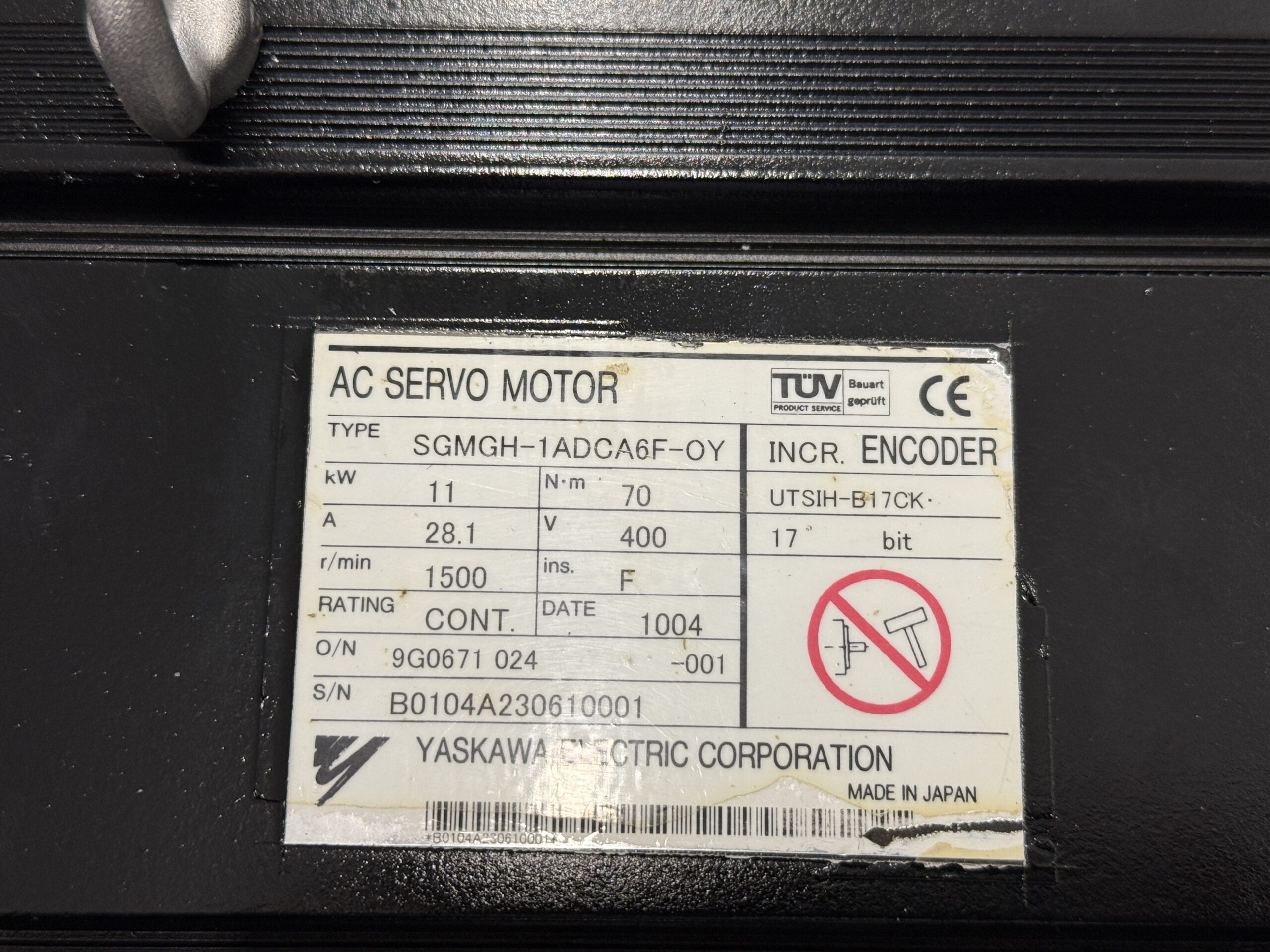 Yaskawa SGMGH-1ADCA6F-OY AC Servo Motor Typenschild