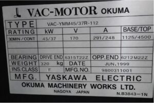 Okuma VAC-YMM45-37R-112 Typenschild