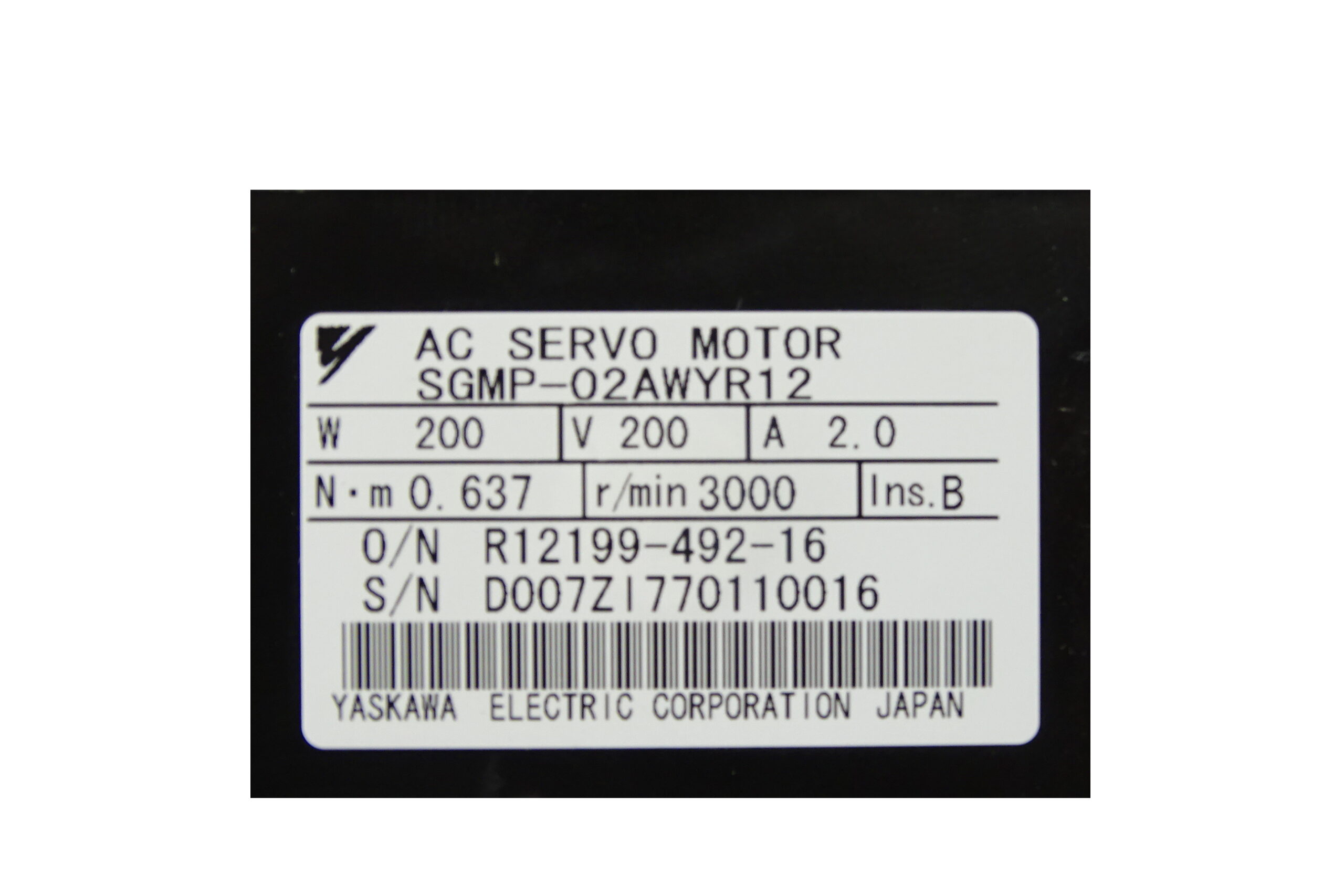 Yaskawa AC Servo Motor SGMP-02AWYR12 Typenschild