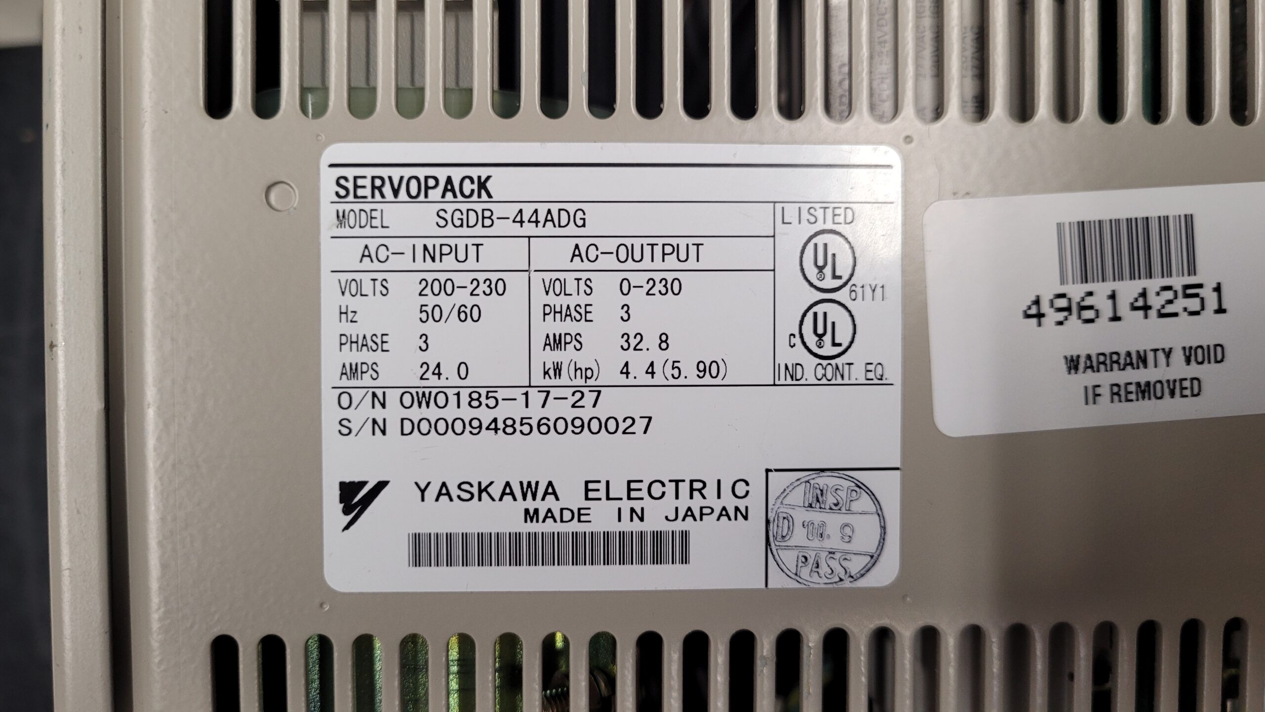 Yaskawa SGDB-44ADG AC Servopack Typenschild 1