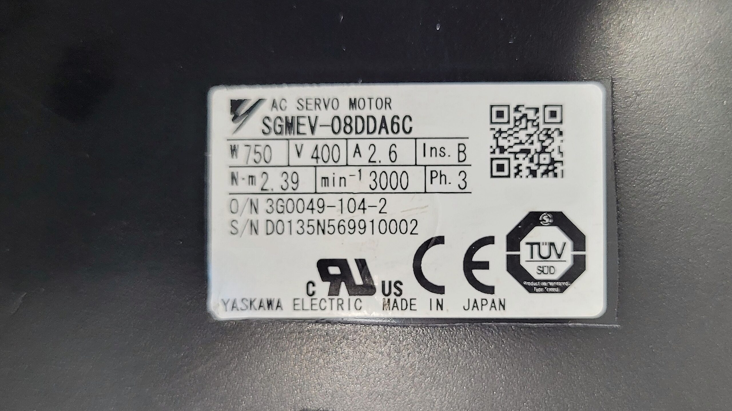 Yaskawa SGMEV-08DDA6C AC Servo Motor Typenschild