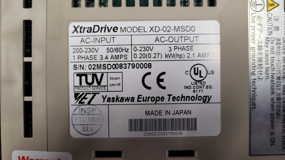 Yaskawa XtraDrive XD-02-MSD0: Typenschild der Austauscheinheit