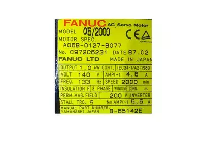 Fanuc A06B-0127-B077 AC Servo Motor a6/2000