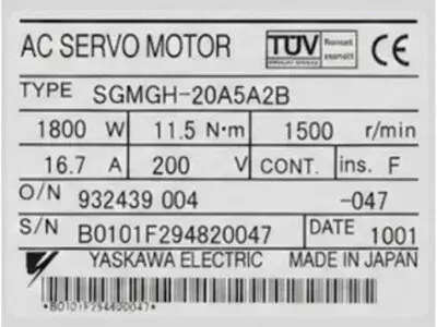 Yaskawa SGMGH-20A5A2B AC Servo Motor
