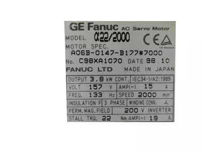 Fanuc A06B-0147-B177#7000 AC Servo Motor 