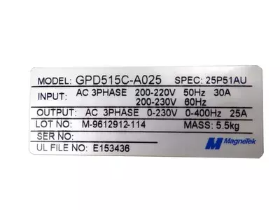Magnetek GPD515C-A025 Spec: 25P51AU Drive GPD515