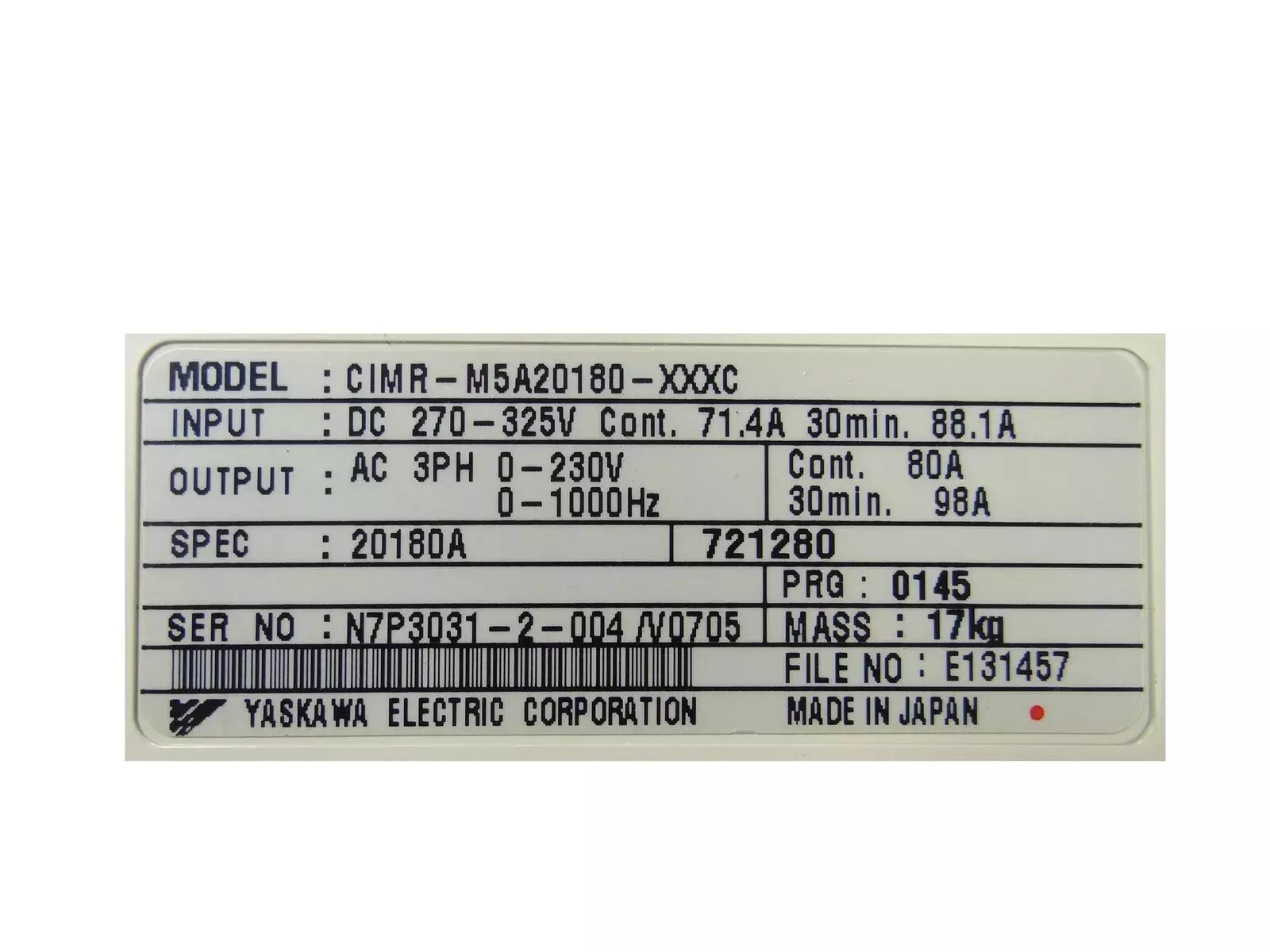 Yaskawa CIMR-M5A20180-XXXC Inverter VS-626M5