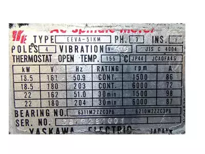 Yaskawa EEVA-5IKM or EEVA51KM AC Spindle Motor 18,5/22kW